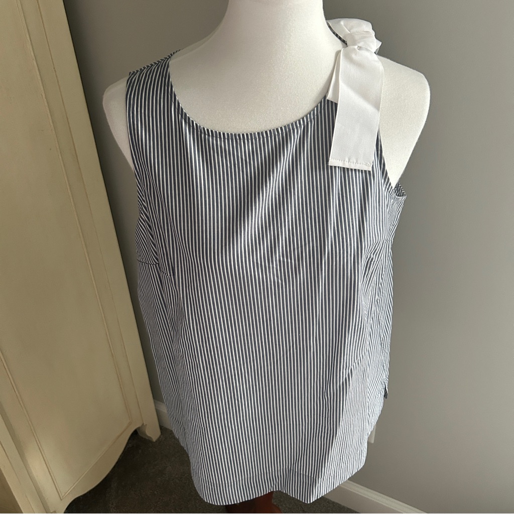 Ivanka Trump Navy And White Pinstripe Tank With Shoulder Bow